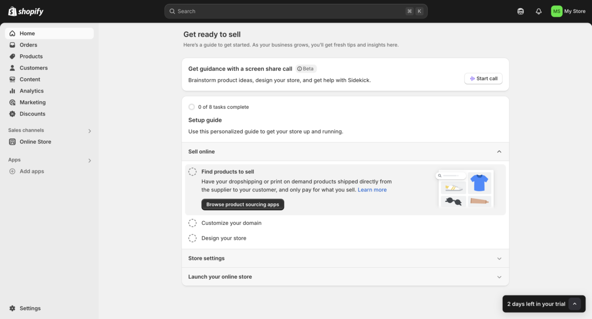 Shopify dashboard image with home icon clicked
